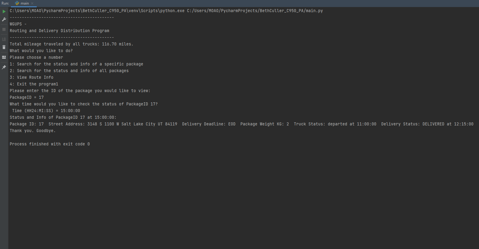 Example Program Output for Option #1